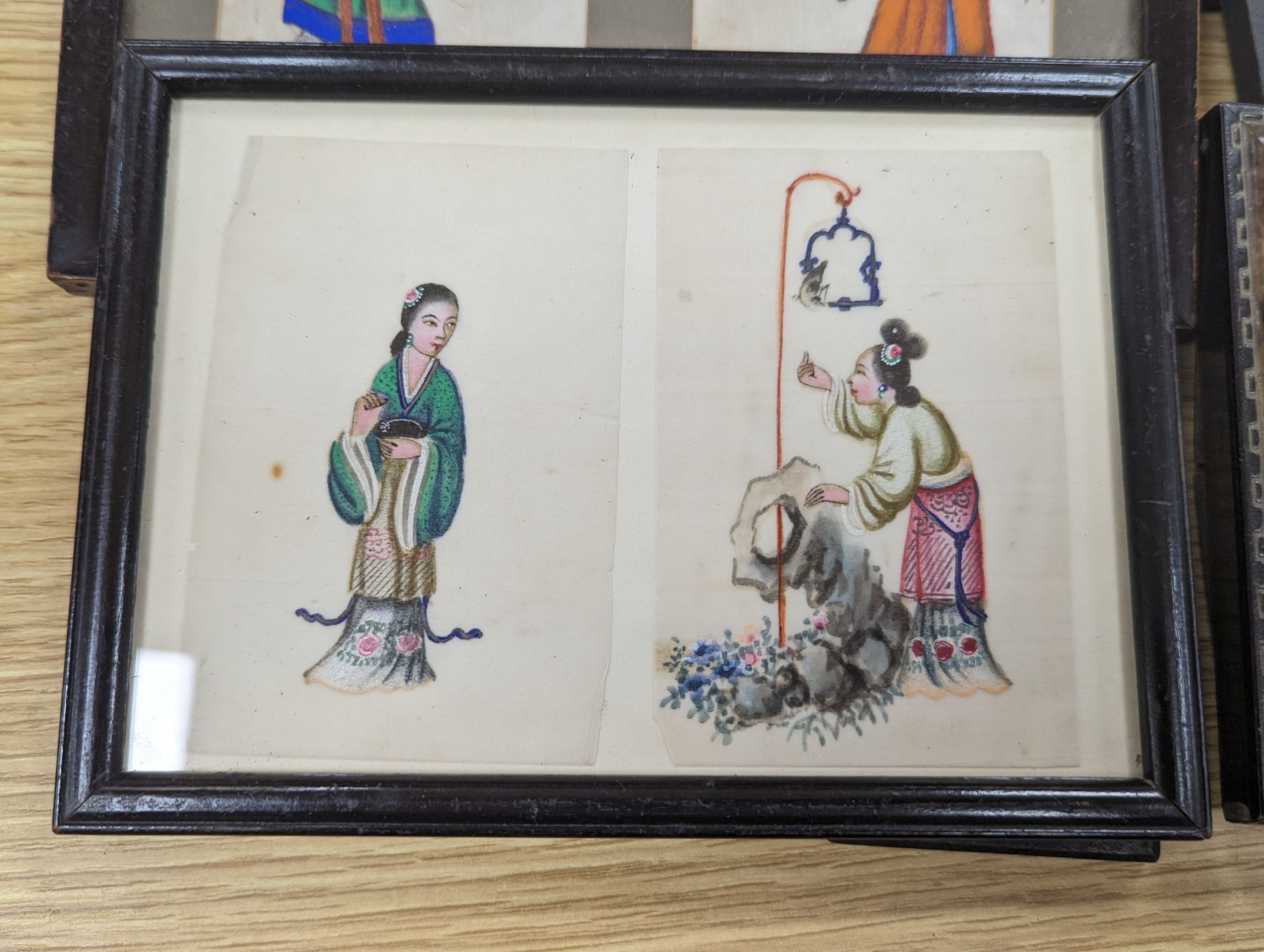 Eight assorted Chinese gouache on pith paper, Studies of figures and junks, largest 27 x 17cm